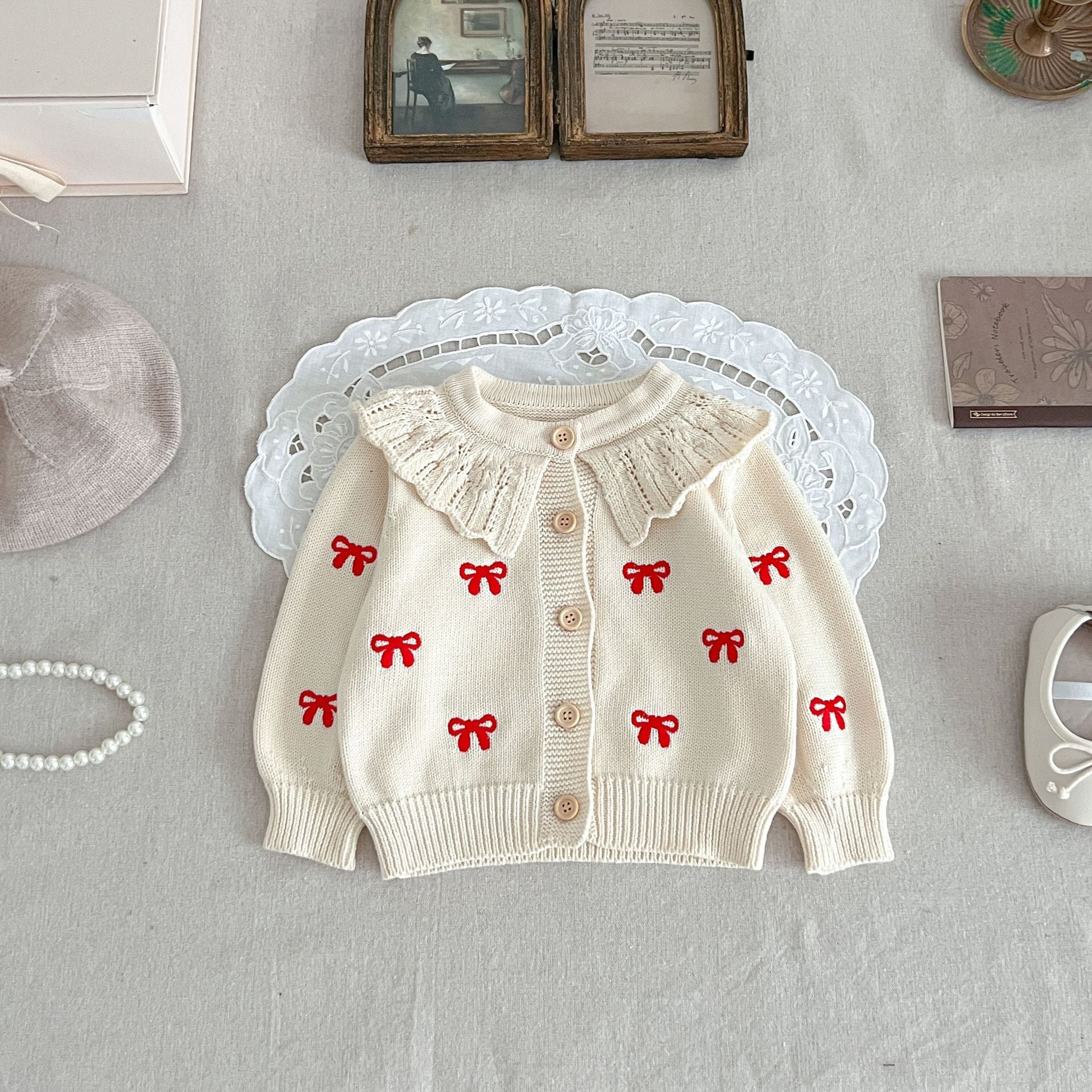 ins Korean baby coat embroidery knitted cardigan baby girl sweater cotton yarn princess top jumpsuit suit