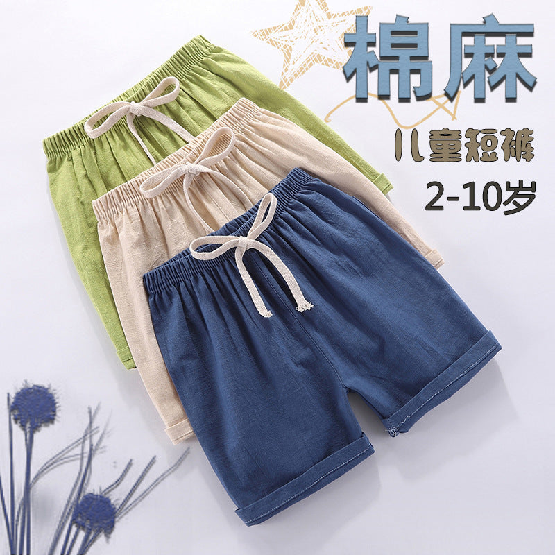 Children's shorts thin pure cotton and linen baby boys and girls outerwear pants shorts hot beach Da Maoren