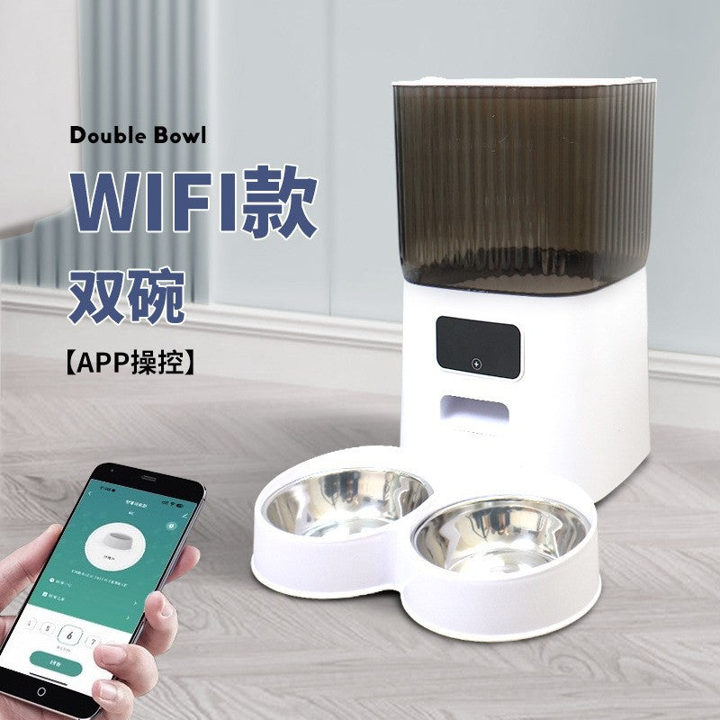Smart automatic pet feeder with timed and quantitative feeding function, remote control, double bowl for cat and dog food, wholesale