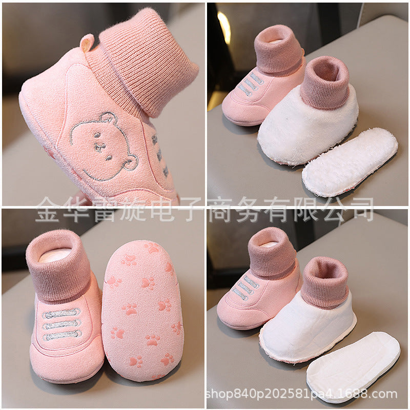 Baby shoes autumn and winter 0-1 year old boys and girls soft sole shoes and socks 3-6 to 12 months old toddlers do not fall off the heel front shoes