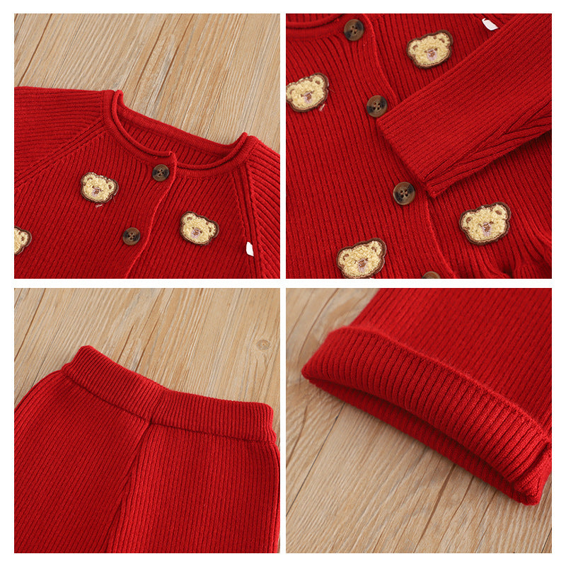 Girls sweater and pants suit red knitted two-piece suit 2023 autumn and winter baby girl bear stylish top straight tube