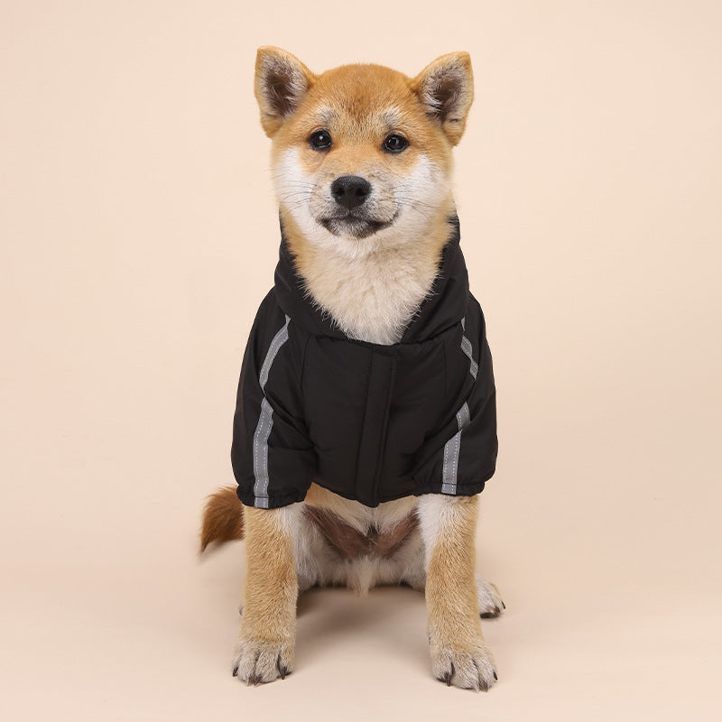 Pet clothes, autumn and winter dog clothes, velvet thickened jacket, two-legged hooded raincoat, reflective striped cotton coat