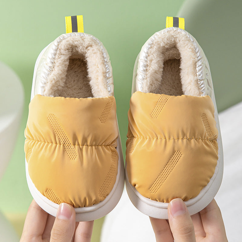 Children's cotton slippers for winter with heels, waterproof and non-slip, small, medium and large boys and girls, thick soft sole, plus velvet, warm baby cotton shoes