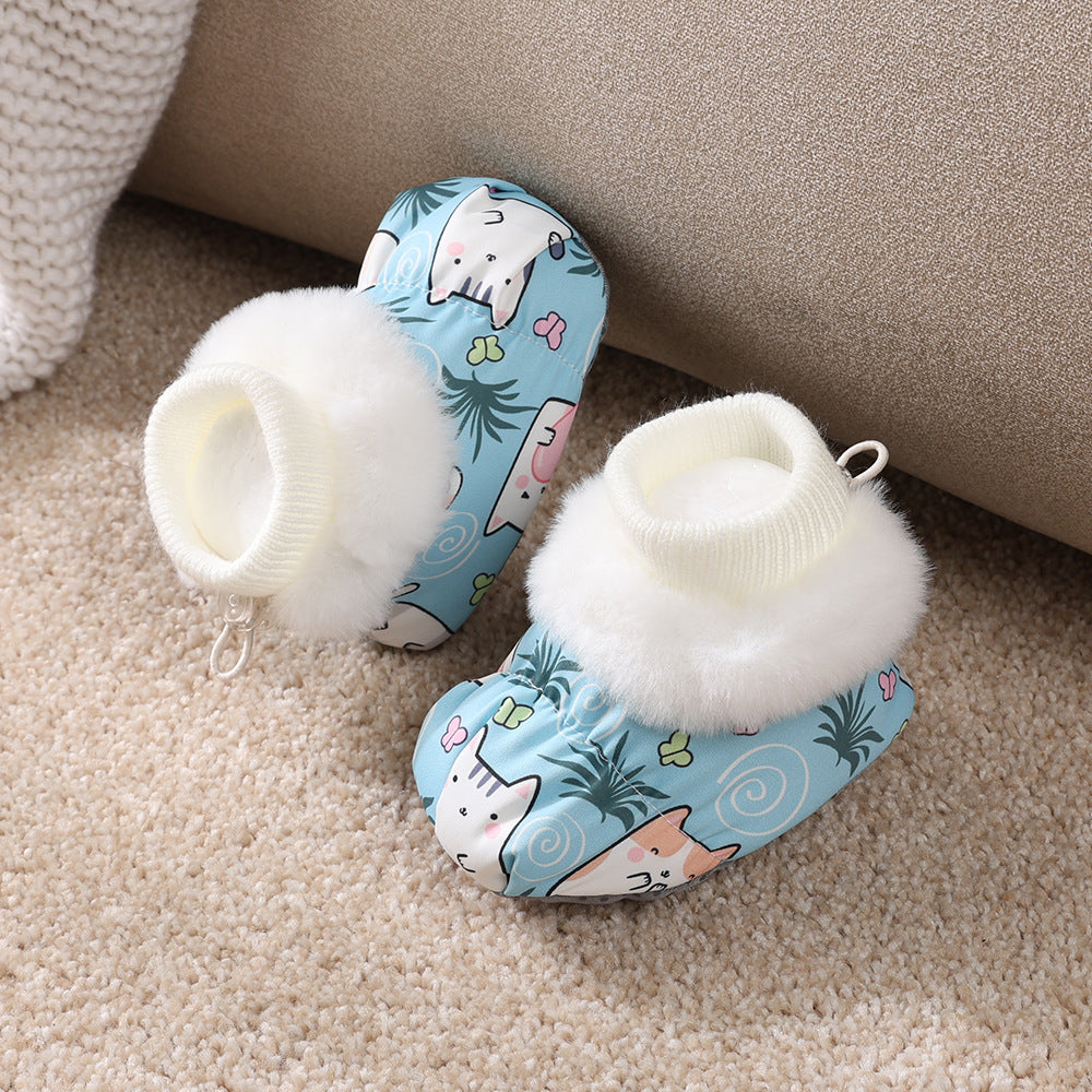 Autumn and winter infant shoes plus velvet 0-1 year old baby soft sole non-falling cotton shoes keep warm newborn full moon shoes and socks