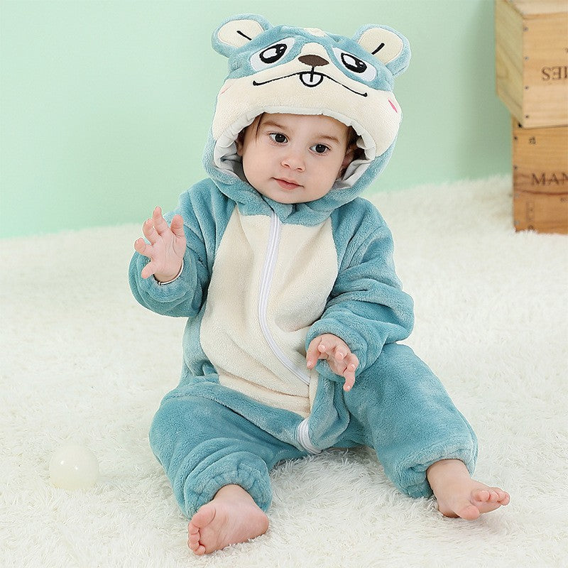 Male and female baby cartoon animal hat jumpsuit cross-border children's clothing cute ears flannel warm sleeping clothes