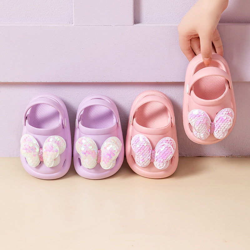 Children's slippers for girls princess style going out non-slip soft-soled hole shoes fashionable bowknot girl baby closed-toe shoes
