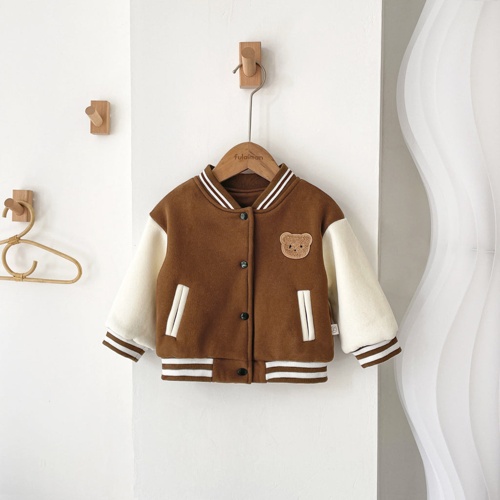 2024 Korean version children's jacket autumn and winter style plus velvet cartoon bear cardigan top baby Korean baseball jacket