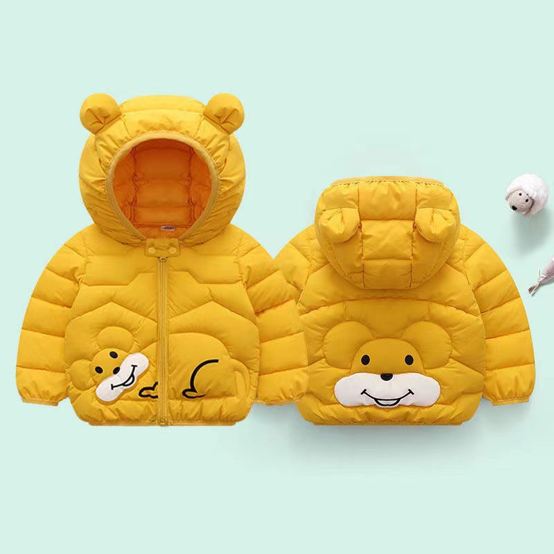 Off-season 2023 new children's cotton clothing for small and medium-sized children, baby ears hooded boys and girls autumn and winter cartoon thickened coats