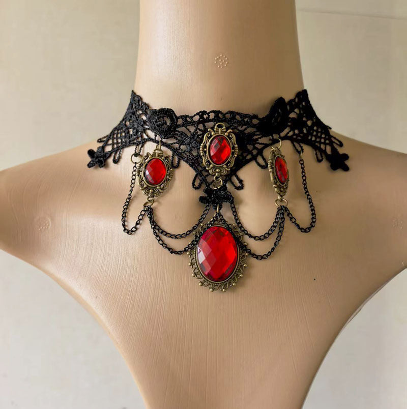 exaggerated Halloween necklace cross-border jewelry Gothic ruby teardrop lace necklace earring set