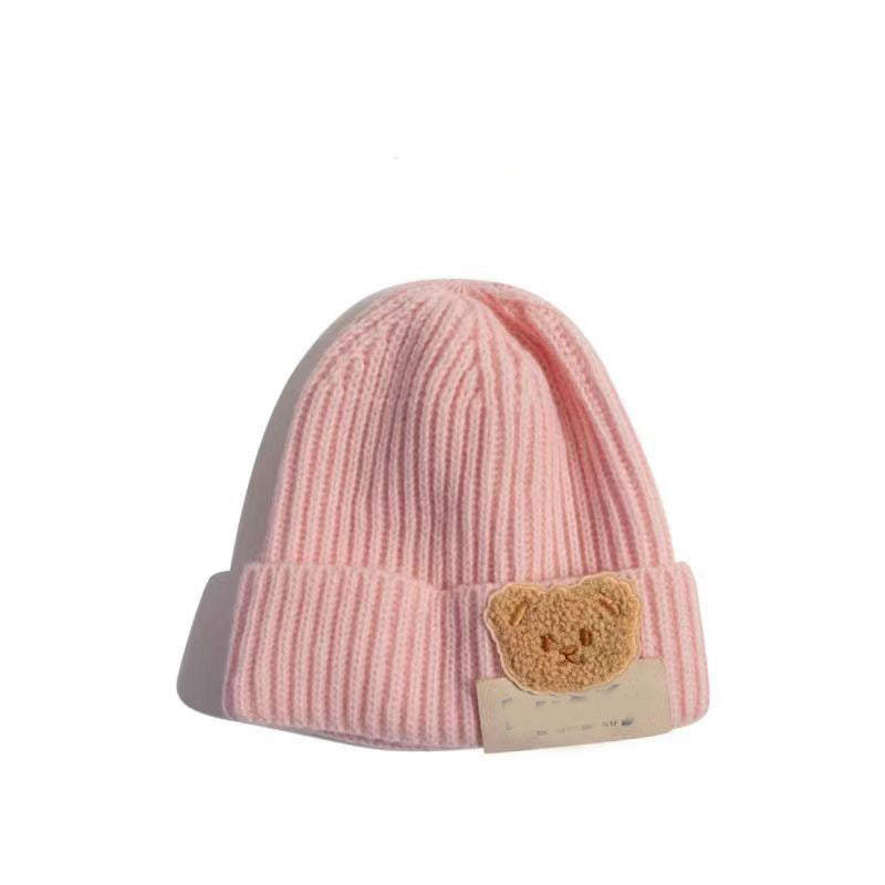 New autumn and winter children's warm hats cute bear double ball hats infant baby warm ear protection knitted wool hat