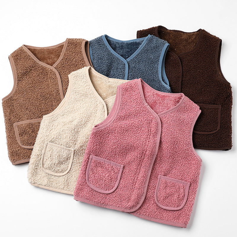2024 autumn and winter new style boys plus velvet baby waistcoat children's outer wear lambskin vest girls warm cotton vest