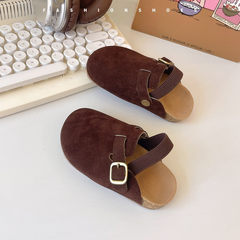 Korean version of girls' soft sole Birkenstocks soft sole empty back one-strap slippers children's grandma shoes round toe baby princess shoes