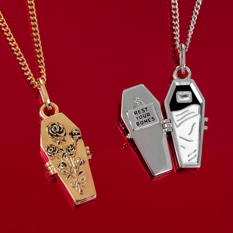 Copper-plated 18K real gold European and American Halloween ghost festival dark gothic rose coffin necklace hiphop wind neutral