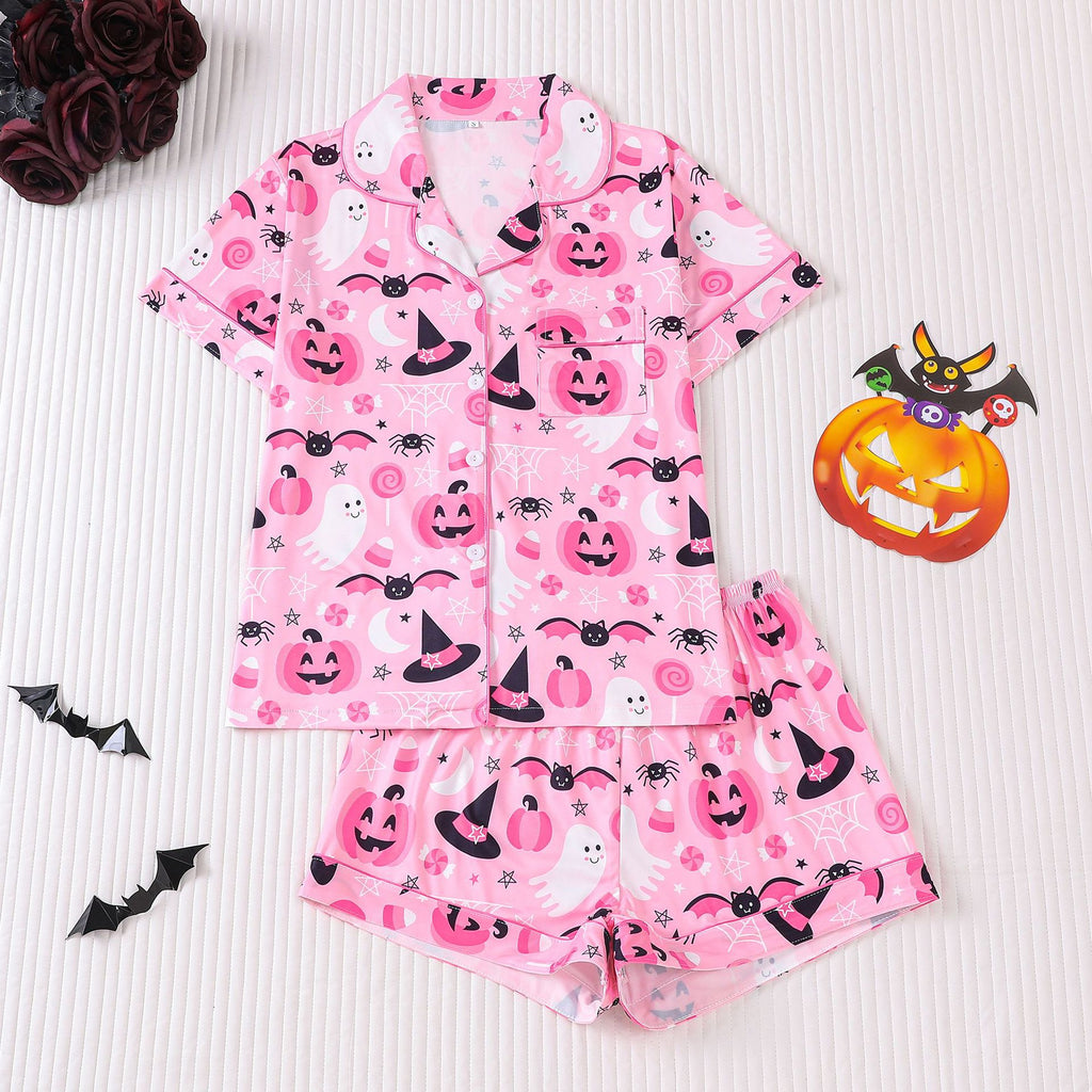 Cross-border foreign trade new European and American women's pajamas Halloween print lapel short-sleeved shorts European and American home clothes suit