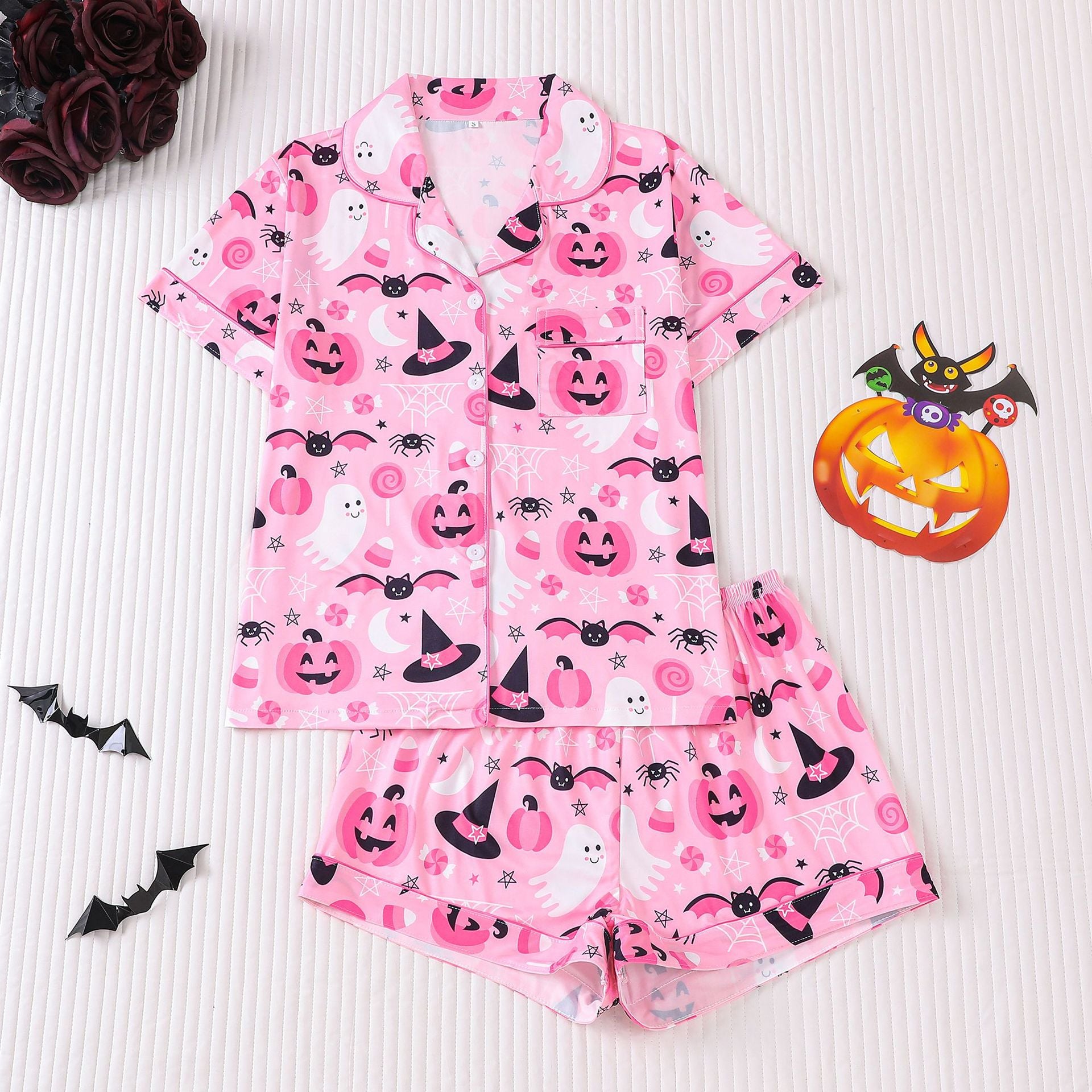 Cross-border foreign trade new European and American women's pajamas Halloween print lapel short-sleeved shorts European and American home clothes suit