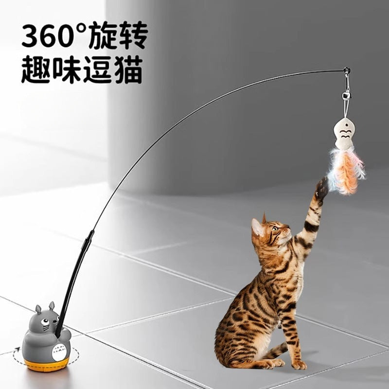 Cartoon chinchilla 360 rotating fishing cat teaser stick self-entertainment replaceable feather long rod cat teaser pet toy