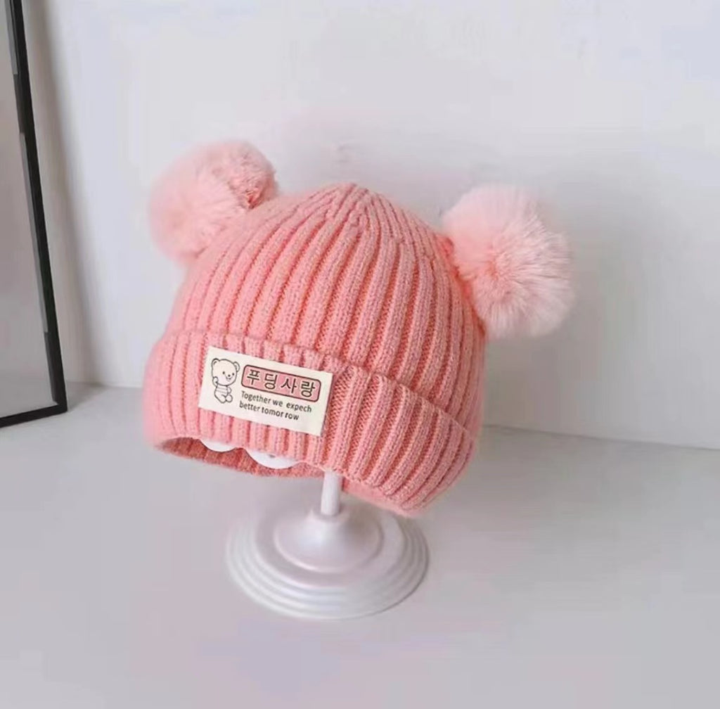 New autumn and winter children's warm hats cute bear double ball hats infant baby warm ear protection knitted wool hat