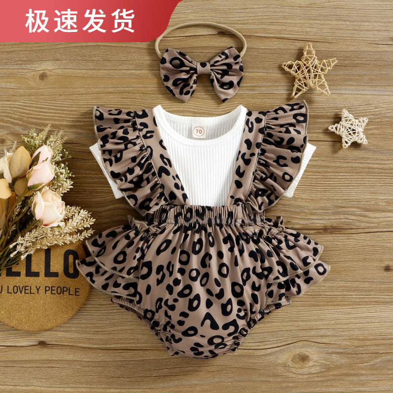 Baoxin foreign trade children's clothing European and American summer infant short-sleeved leopard print lotus leaf triangle baby romper suit