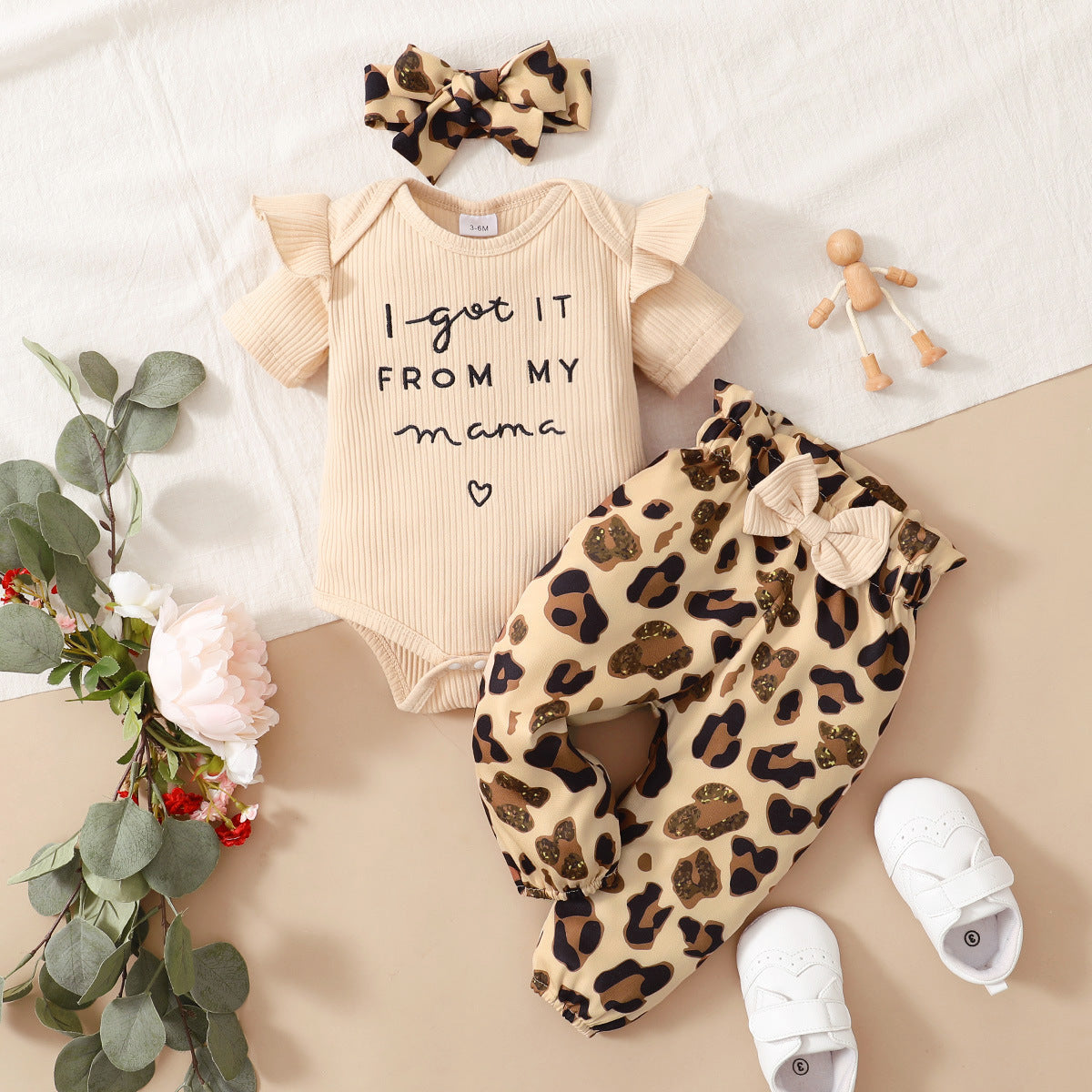 Amazon ebay new baby girl summer cute stylish knitted three-piece short-sleeved romper leopard print suit