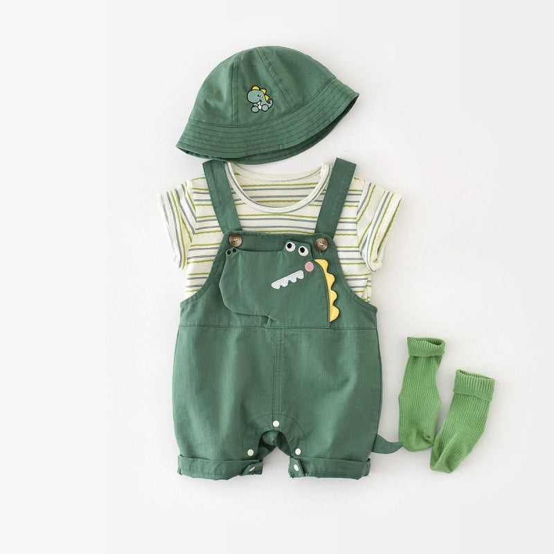 Cute and fashionable baby clothes summer short-sleeved trendy baby boy jumpsuit fake two-piece going out clothes romper crawling clothes