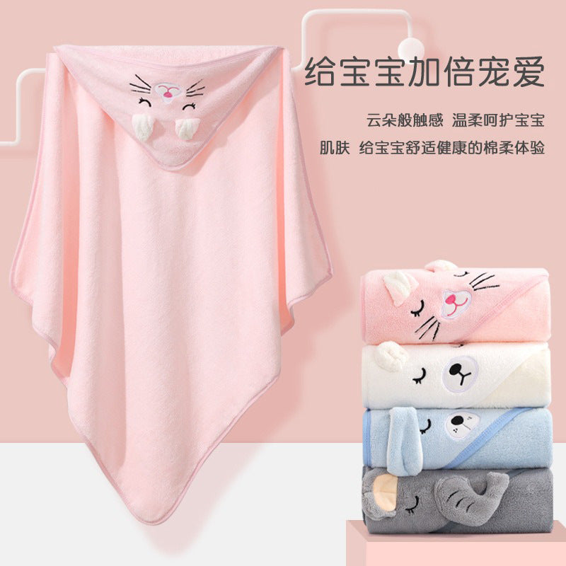 Children's bath towel baby blanket coral fleece embroidered cartoon hooded anti-kick cloak coral fleece baby cloak bath towel