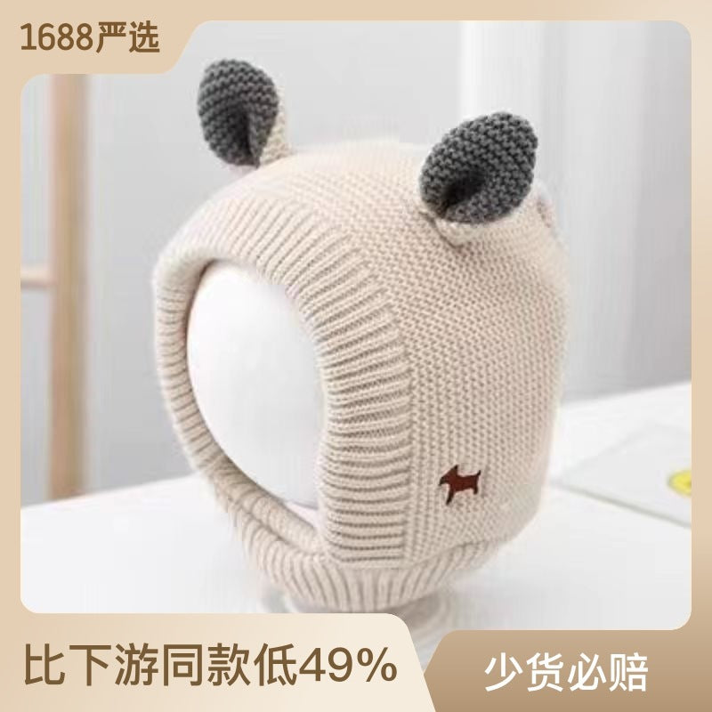 Baby hat autumn and winter newborn infant ear protection hat pure cotton cute warm boys and girls baby knitted plush hat