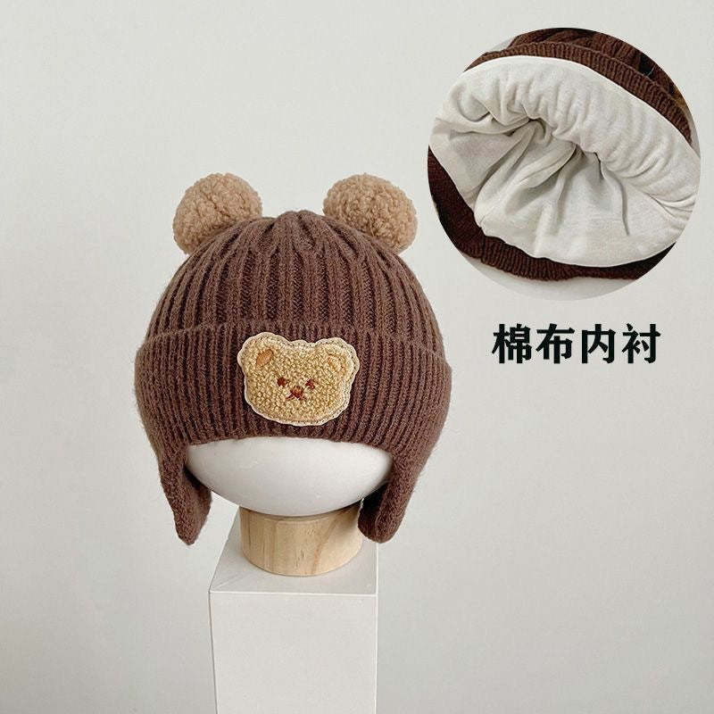 New autumn and winter children's warm hats cute bear double ball hats infant baby warm ear protection knitted wool hat