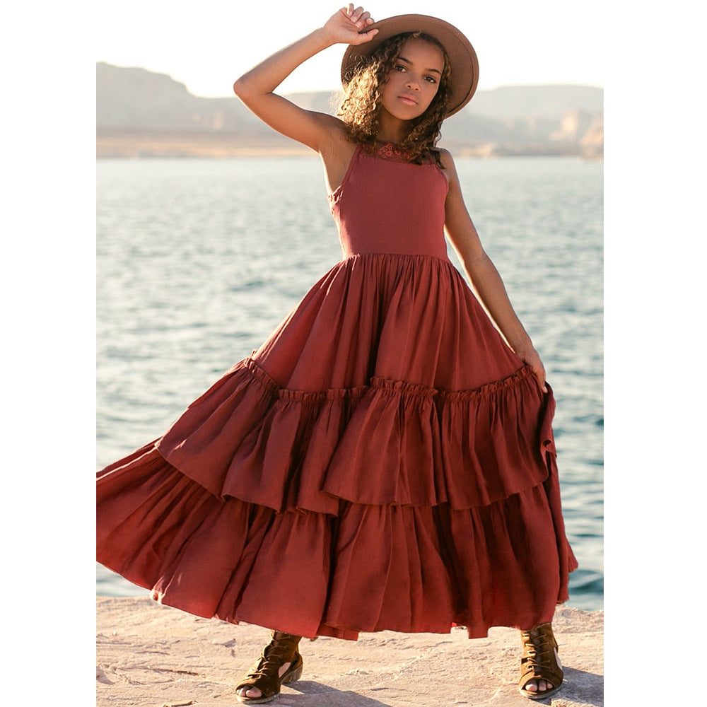 Cross-border children's clothing summer flower girl ruffle strap dress girls long section princess Halloween show party skirt