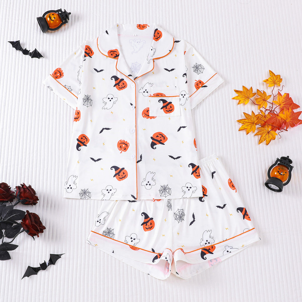 Cross-border foreign trade new European and American women's pajamas Halloween print lapel short-sleeved shorts European and American home clothes suit