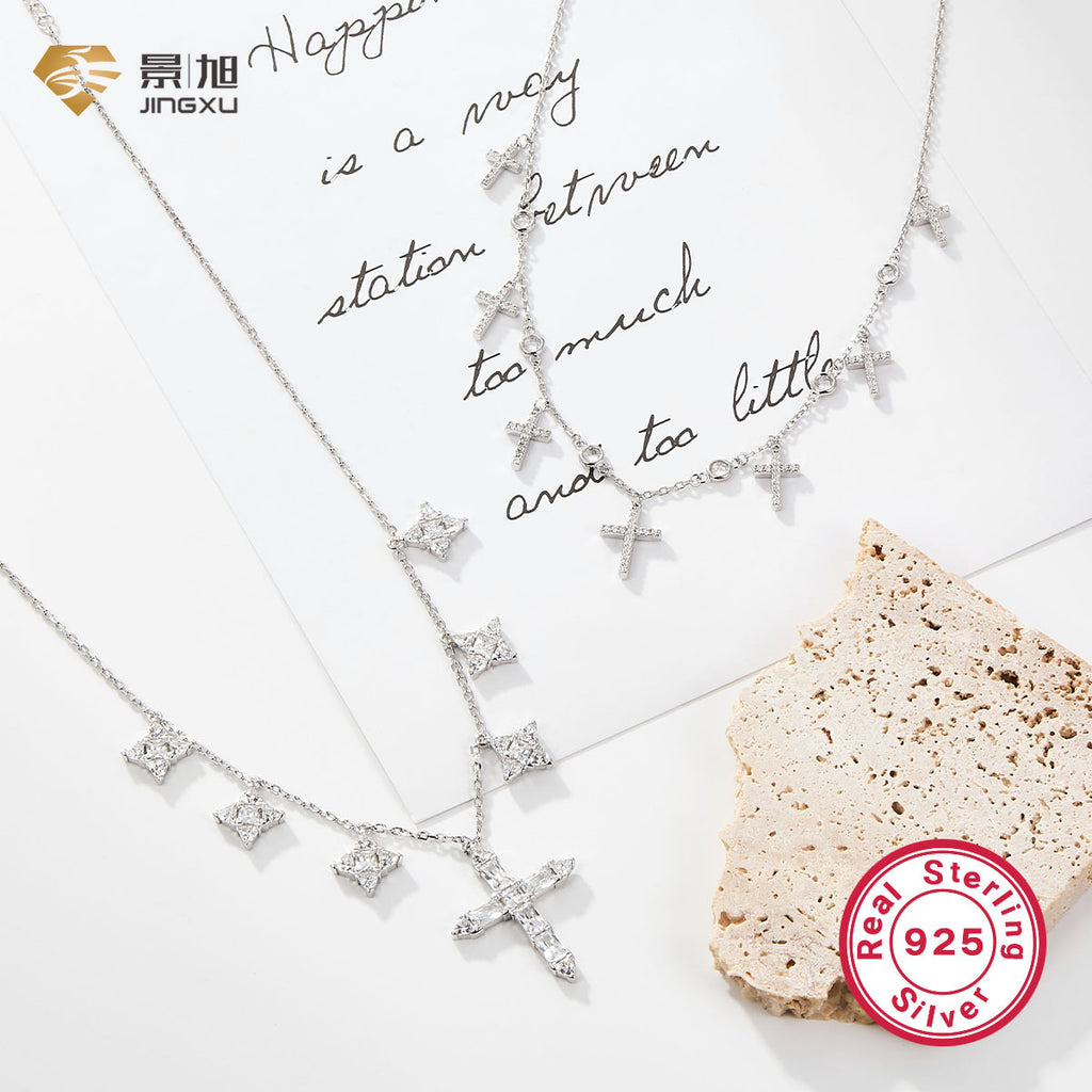 Cross-border hot selling 925 silver necklace for women European and American high-end zircon cross clavicle chain Halloween jewelry wholesale