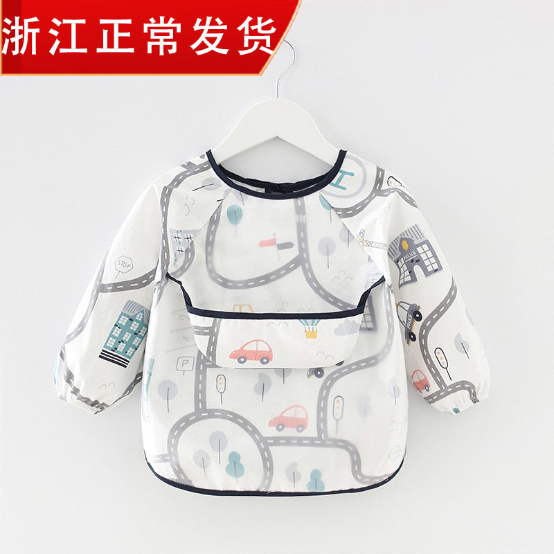Children's blouse waterproof long-sleeved reverse dressing baby eating clothes apron cotton children's bib protective clothing with rice pocket