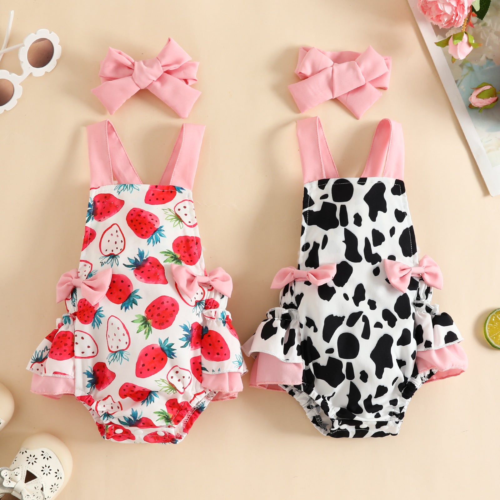 Foreign trade baby summer sling cow triangle romper fart clothes casual cute print butterfly knot crawling clothes