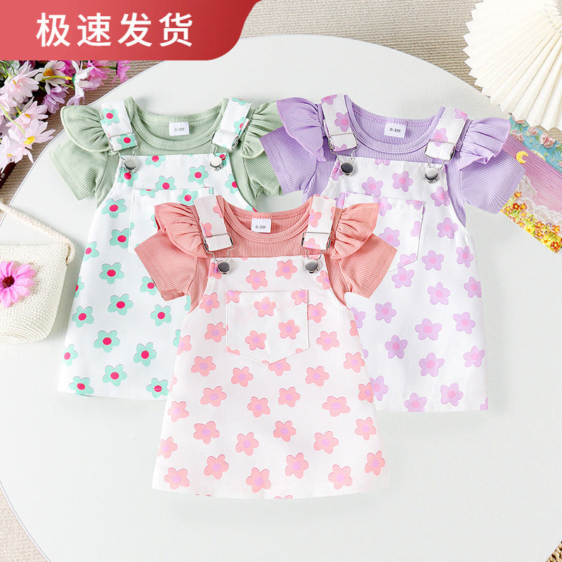 Cross-border Korean cute baby and toddler suits Summer flying sleeves open crotch inner wear Flower print suspender skirt two-piece suit