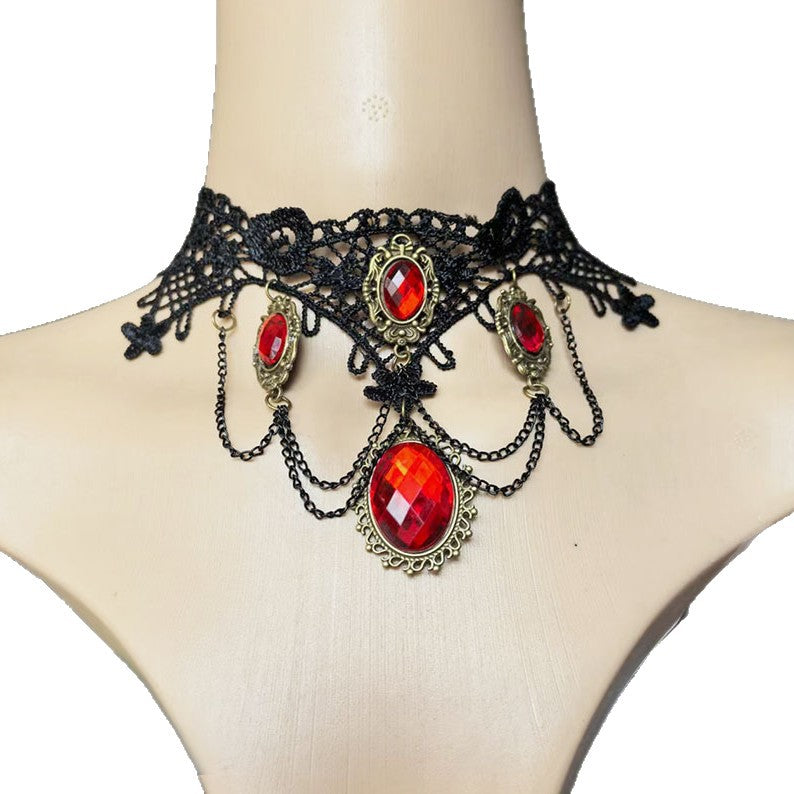 exaggerated Halloween necklace cross-border jewelry Gothic ruby teardrop lace necklace earring set