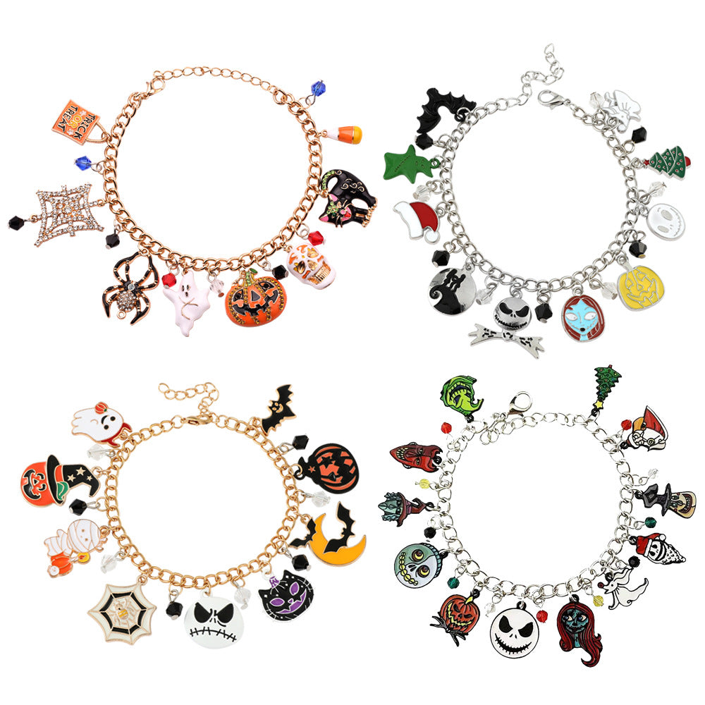 Amazon New Halloween Combination Bracelet Pumpkin Head Spider Bat Ghost Pendant Holiday Decoration Gift