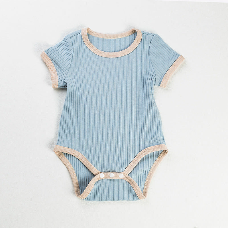 2025 Factory Wholesale Spring and Autumn New Baby Clothes Boys and Girls Short Sleeve Contrast Color Romper Crawling Clothes One-piece Clothes