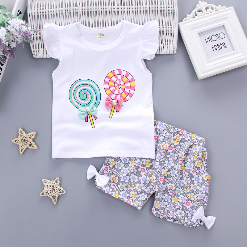 Korean children's clothing summer clothes girls summer cartoon flower vest suit 0-4 years old baby girl shorts two-piece suit trendy