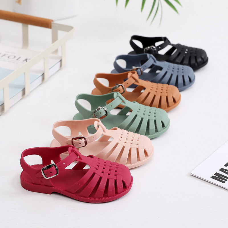 Summer children's jelly shoes baby toddler shoes for middle and large boys and girls with closed toe Roman shoes with soft bottom and flat bottom hole shoes