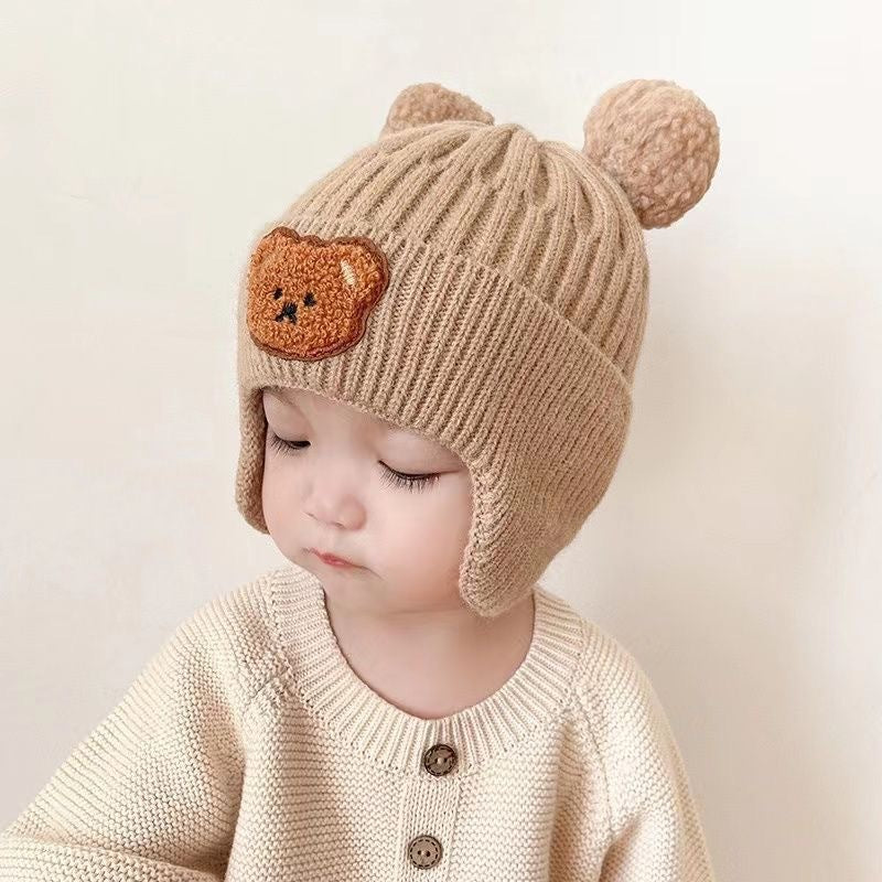New autumn and winter children's warm hats cute bear double ball hats infant baby warm ear protection knitted wool hat