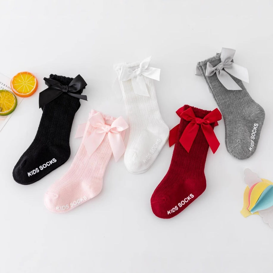 New style boys and girls solid color striped stockings Polyester cotton non-slip bubble mouth baby bowknot mid-tube socks wholesale