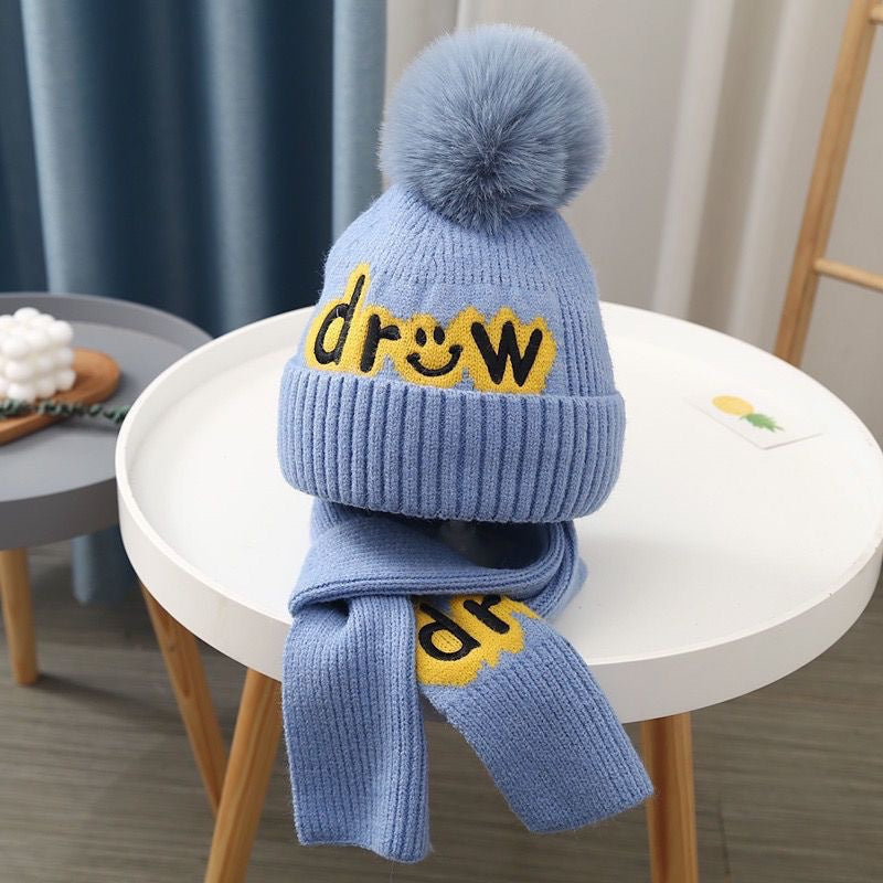 Children's hat scarf set for boys and girls winter warm cotton lining wool hat baby two-piece hat