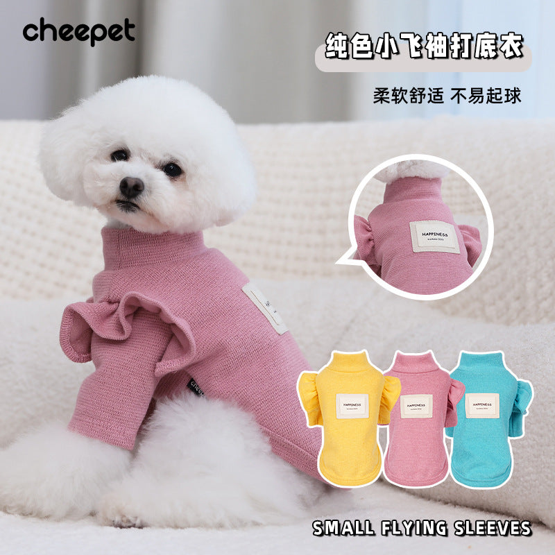 Autumn and winter new puppy two-legged clothes cotton solid color lace flying sleeves warm Bichon Teddy pet clothing