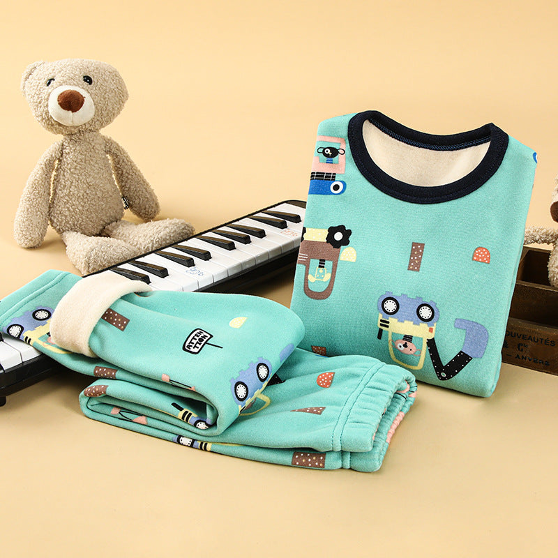 Children's thermal underwear set plus velvet and thickened winter boys' baby autumn clothes autumn pants girls' warm clothing set