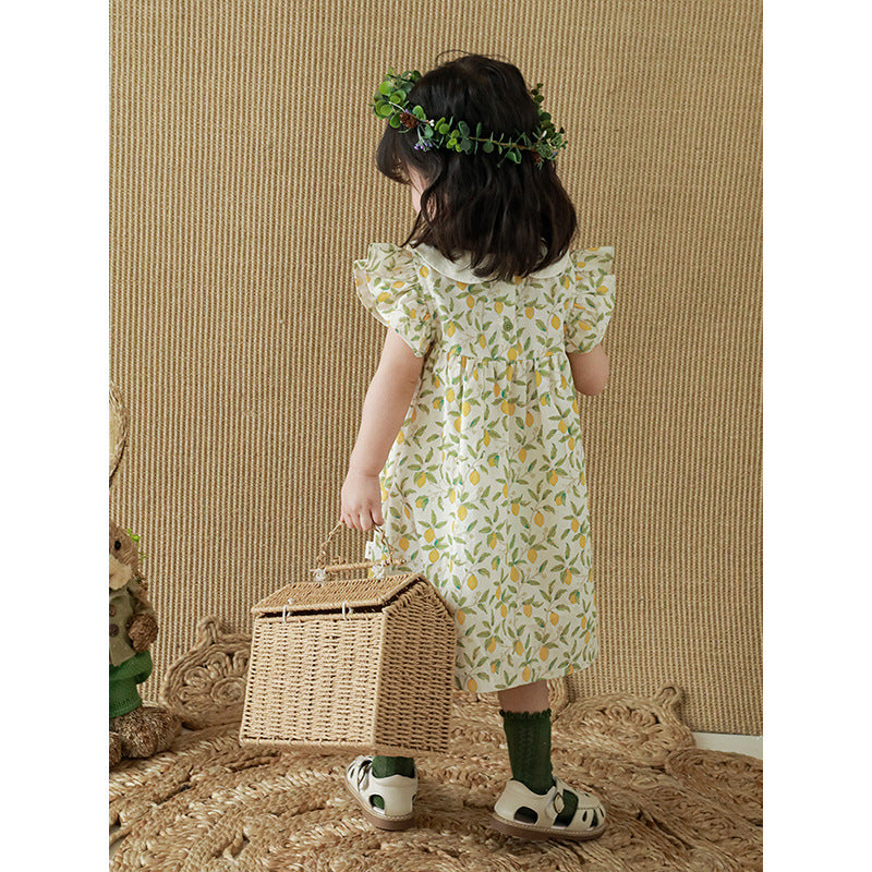 Qiu Duo Meng Girls Fruit Printed Dress 2023 Summer New Children's Cute Cartoon Dress Baby Princess Dress