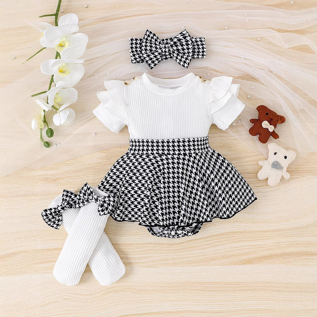 Foreign trade cross-border European and American summer baby and toddler flying sleeves short-sleeved striped romper pants skirt socks headdress three-piece suit
