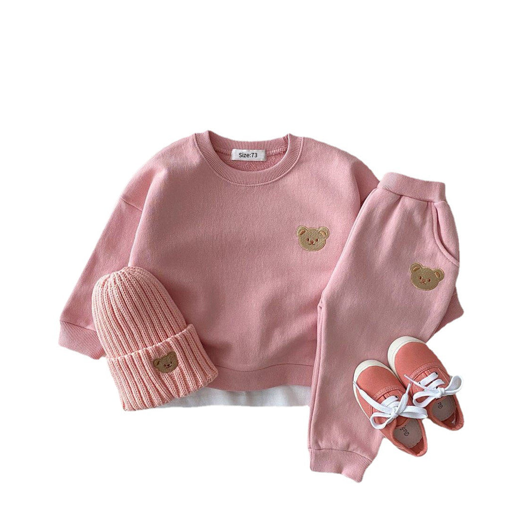 Korean version ins newborn baby cotton bear round neck sweater sports suit baby casual cartoon two-piece suit