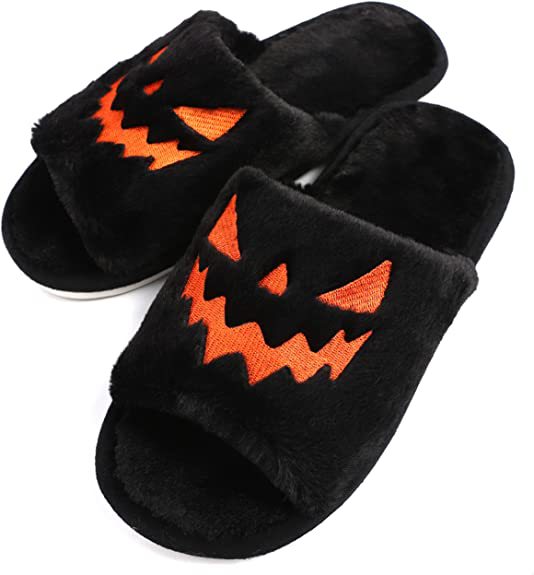Cross-border plus size slippers female Halloween pumpkin lantern soft European and American plush open toe outer wear plush