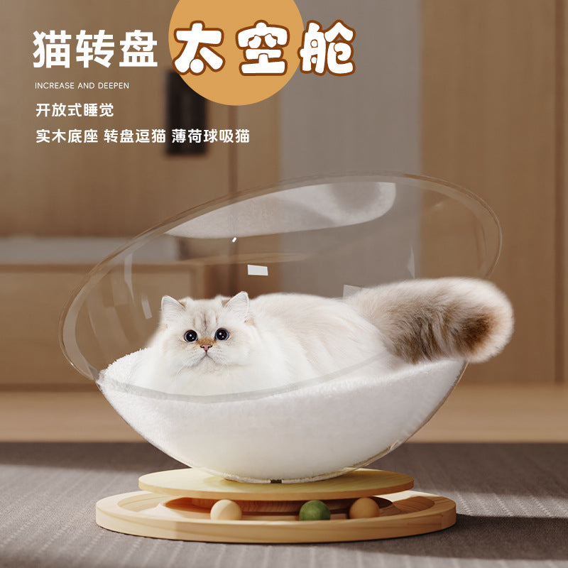 Space capsule acrylic cat bed solid wood turntable toy mint cat play sleep all-in-one pet supplies one piece dropshipping
