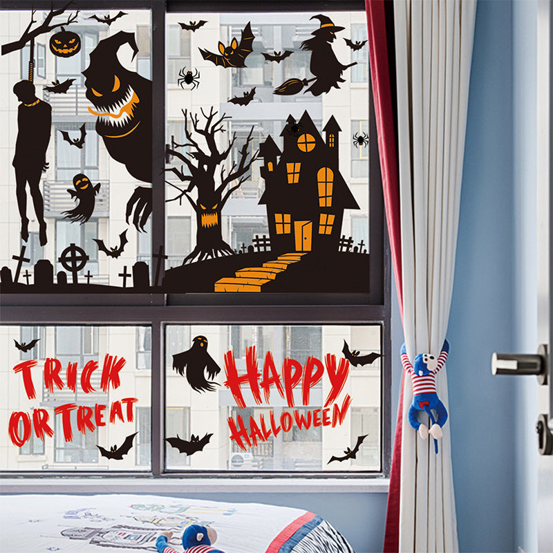Halloween Window Decoration Paper Haunted House Pumpkin Ghost Bat Static Glass Window Sticker Halloween Party Window Sticker