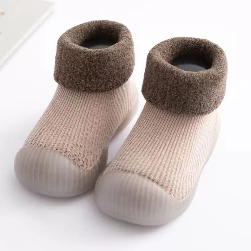 Baby learning shoes autumn and winter plus velvet thick soft bottom non-slip boys and girls baby shoes pure cotton floor socks keep warm